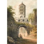 Circle of Richard Wilson (1713-1782) British, figures by an archway with a tower beyond,