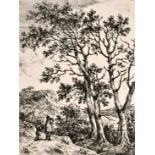 Circle of John Crome, two travellers in a wooded landscape, etching, numbered '10', 4.25" x 3.