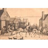 C. Circle of C. Krieghoff, a scene of a fur traders' station with figures on a horse drawn sled, pen