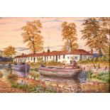 Late 19th century school, The barge 'Nellie' on the canal with other barges and buildings beyond,