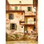 20th century Continental school, exterior view of Continental housing, oil on board, signed and