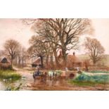 Henry Charles Fox (1855-1929) British, A figure on a horse and cart crossing a stream with buildings