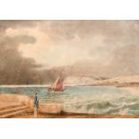 19th century French school, a coastal scene with a soldier walking along the promenade with boat and