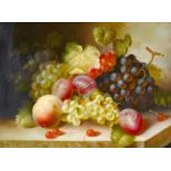 R. Casper (20th century) A still life of fruit and vines on a marble shelf, signed, oil on panel,