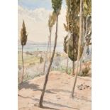 Follower of Edward Lear, A landscape of a Cyprian town on the horizon with trees in the