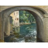 20th century school, A view of a river landscape as seen through a bridge, oil on canvas,