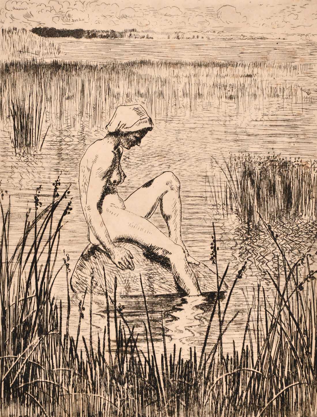 20th century school, a scene of a female nude sat at the lakeside, etching, indistinctly signed