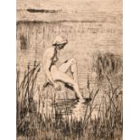 20th century school, a scene of a female nude sat at the lakeside, etching, indistinctly signed