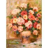 20th century school, A still life of roses in a vase, oil on canvas, indistinctly signed, 17" x