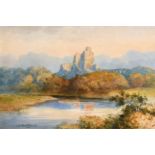 J MacDiarmid (19th/20th century) A view of castle ruins on a hilltop with a river and grazing sheep,