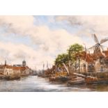 Jan Van Couver (1864-1910) Dutch, A Dutch Port scene with moored boats and buildings, watercolour,