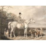 An Engraving by Edward Hacker after W & H Barraud of a huntsman on his horse with hounds, engraving,