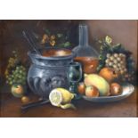 19th century school, A still life study of mixed objects including fruit and butterflies, pastel,