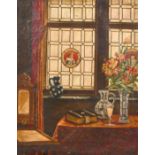 Gerard Prevenier (early 20th century) A study of an interior with flowers by a window, oil on