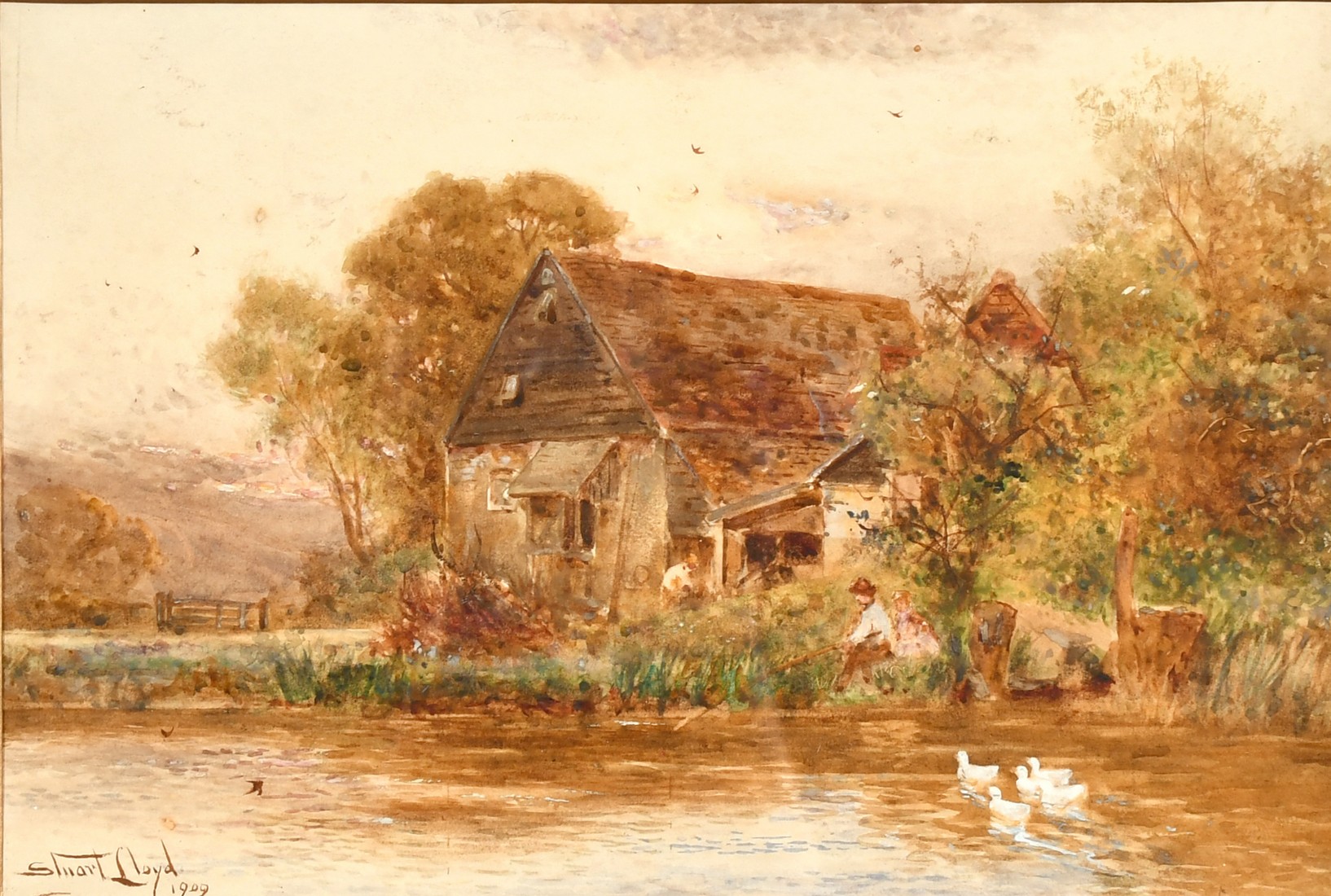 Walter Stuart Lloyd (1875-1929) British, figures fishing in a river with a barn beyond, watercolour,