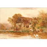 Walter Stuart Lloyd (1875-1929) British, figures fishing in a river with a barn beyond, watercolour,