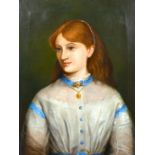 19th century school, A bust length portrait of a girl wearing a locket with the letters AEI, oil