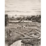 Heywood Sumner (1853-1940) British, 'Alresford pond', a stream meandering towards a pond, etching,