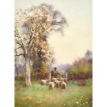 Benjamin Sigmund (1857-1947) British, A Shepherd and his flock beneath blossom, watercolour, signed,