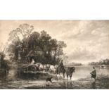 Nineteenth century English school, An engraving of a horse and cart crossing a river, 17.5" x 27".