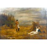 19th/20th century, Napoleon in a field standing beside a wounded soldier, oil on canvas, 22" x