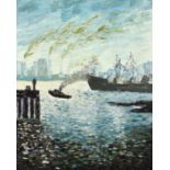 20th century Impressionist scene of a dockside with boats and a city skyline beyond possibly New