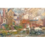 R. J. Thompson, circa 1944, 'Oxford, Tom Tower from The Thames', oil on board, signed and