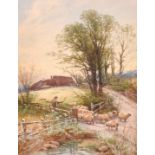 Thomas Rowden (1842-1926) British, A shepherd and his flock by a pond, watercolour, signed and
