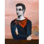 20th century school, A half-length portrait of a young man in a red scarf, oil on canvas, 20" x