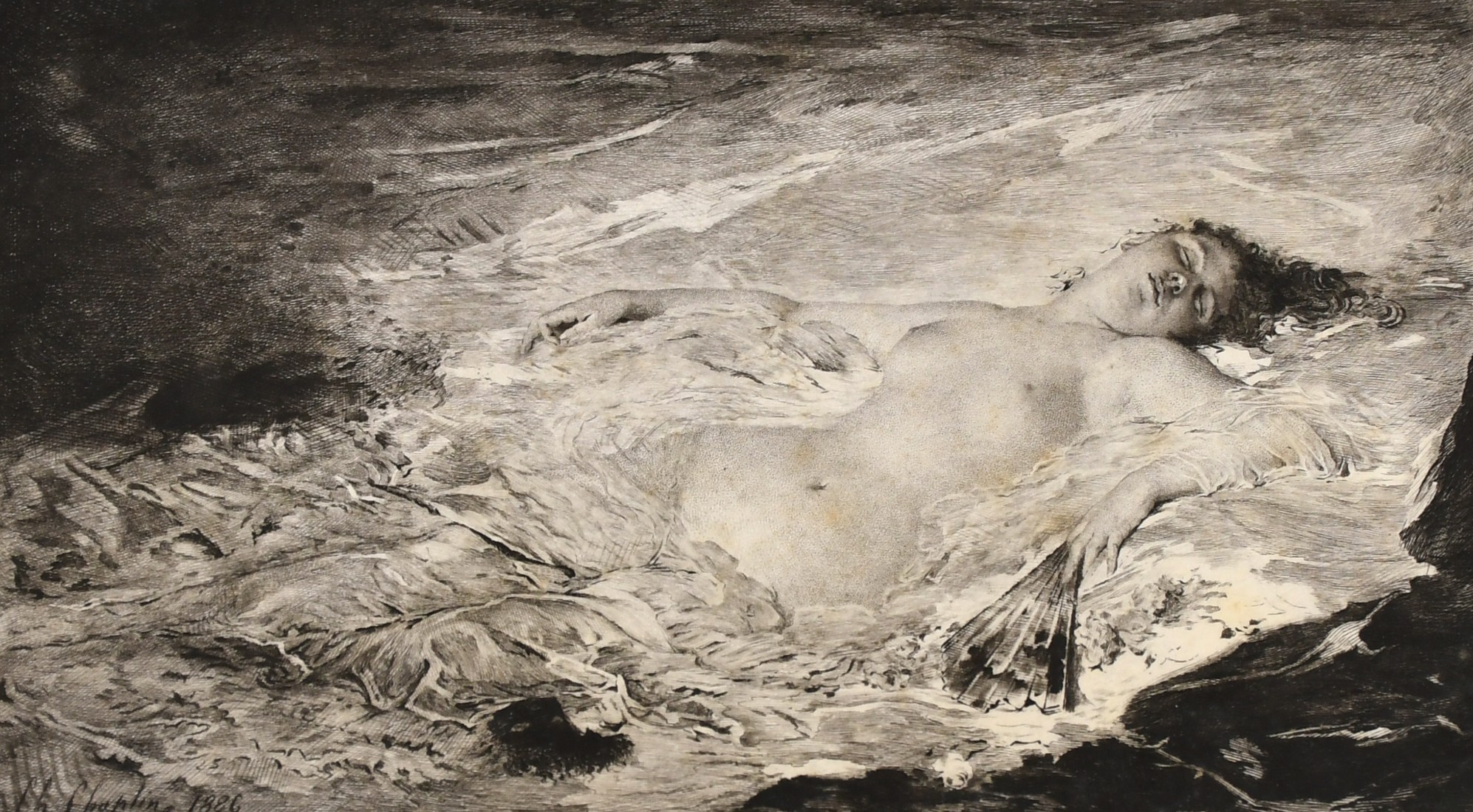 After Charles Chaplin, A reclining female nude, etching, signed in pencil and inscribed, 9" x 6".