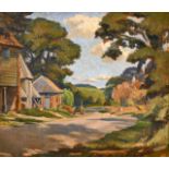 20th century English school, Scene of a tractor outside farm buildings, oil on board, 12" x 14".