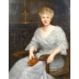 19th century school, A portrait of a seated lady wearing a pearl necklace and holding a book, oil on