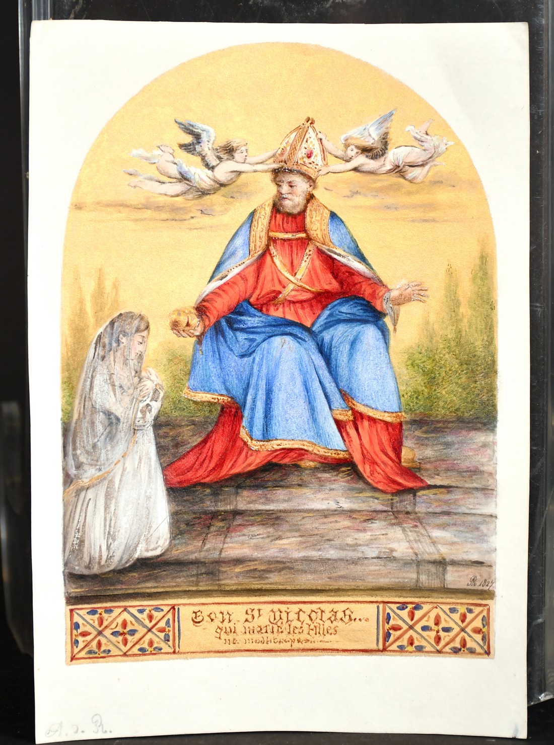 19th century French school, 'BON ST NICOLAS', watercolour & gold paint, signed with initials, - Image 2 of 4