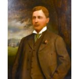 Early 20th century English school, A half-length portrait of a gentleman standing outdoors with a