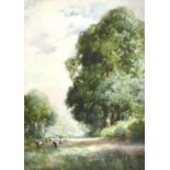 Charles Harrington (1865-1943) British, Cattle grazing in woodland shade, watercolour, signed, 14" x