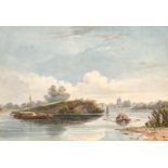 Circle of Varley (19th century), A scene of barges on a river with a town beyond, watercolour, 7.25"