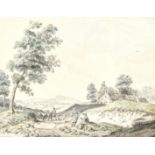 Manner of Paul Sandby (1731-1809) British, Figures and animals on a path with a town beyond,
