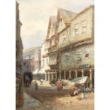 Alfred Leyman (1856-1933) British, A busy west country town with figures in the street, watercolour,