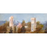 20th Century Continental School. A View of Towers in a Country Landscape with Hills in the Distance,