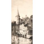 Etching of a canal scene, probably Bruges, indistinctly signed and inscribed, 12" x 6".