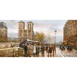 20th century school, Manner of Cortes, figures on a busy Paris street, indistinctly signed, oil on