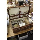 A good Coracle wicker picnic hamper with contents.