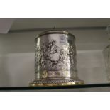 A good plated biscuit barrel decorated with knights on horseback etc.