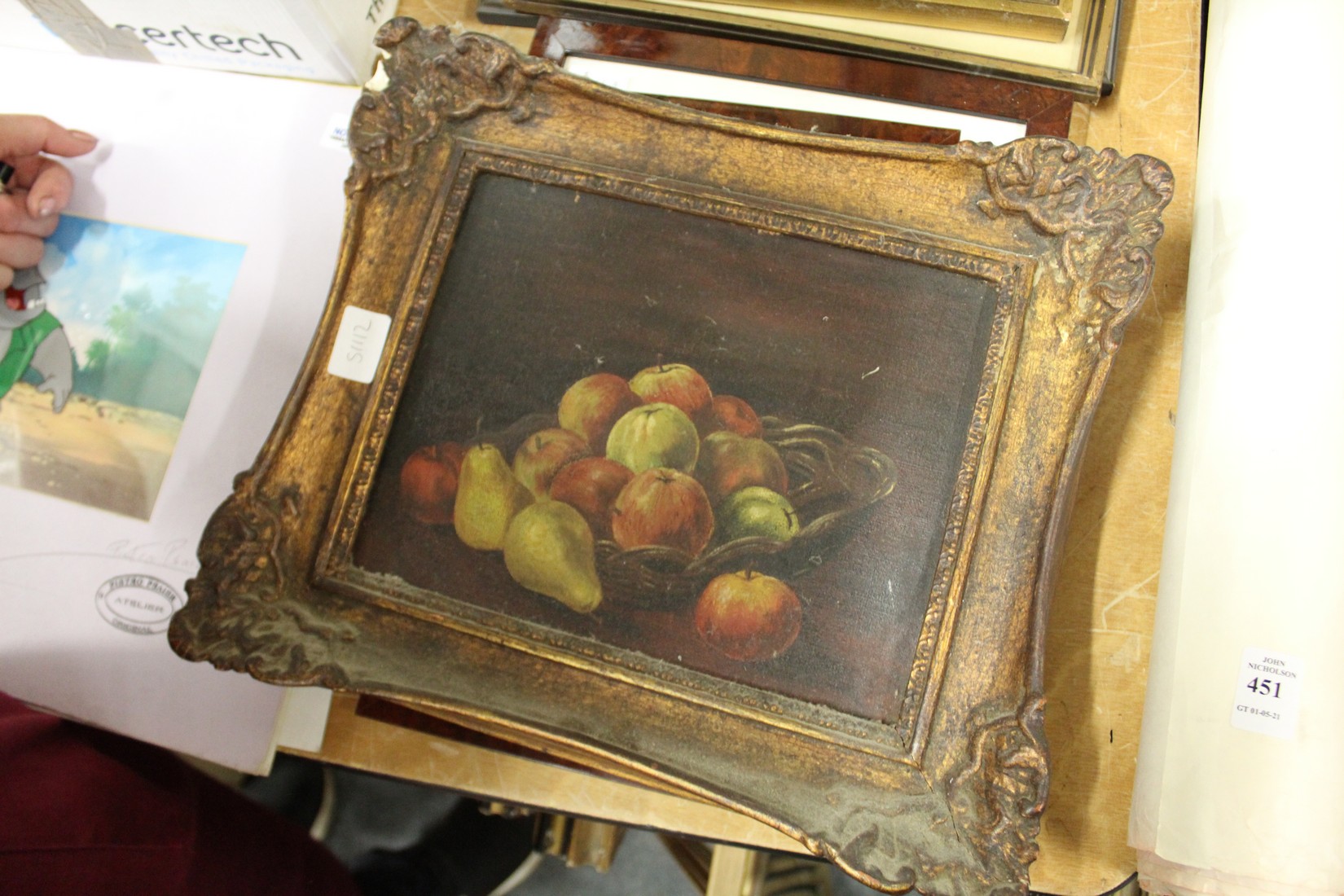 A still life of fruit in a basket, oil on board, and four other paintings. - Image 2 of 6