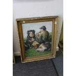 A Young Boy Playing a Pipe, Seated with Two Dogs oil on board.