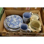 A Pratt ware jug, blue and white plates etc.
