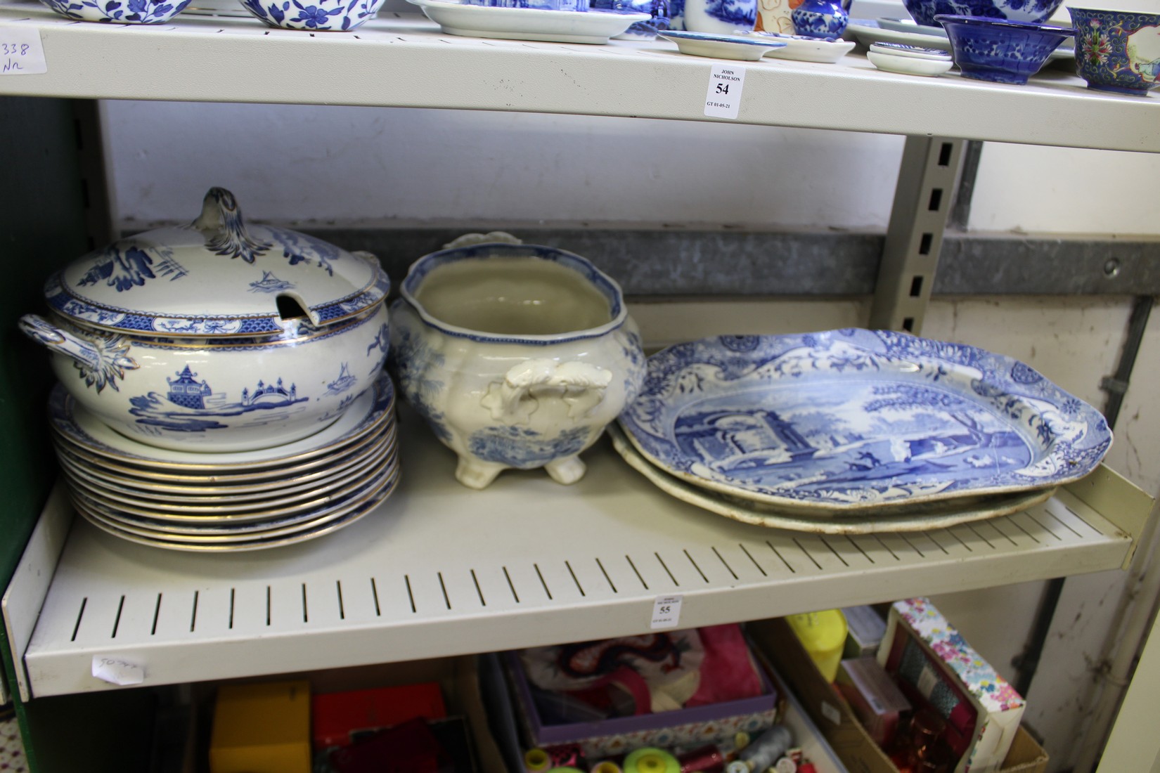 A Spode Italian pattern meat dish and other blue and white china.