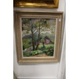 A scene of cottages through trees, oil on canvas.