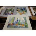 Sophie Louise Wilson, a still life of bottles and fruit watercolour, unframed and two others.