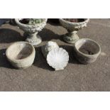 A pair of garden planters and a shell shaped birdbath (AF).